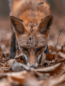 狐狸在干枯的树叶上划桨森林地面特写有选择地聚焦和模糊
