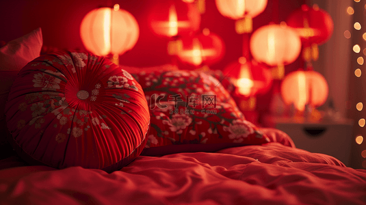 床品背景图片_红色场景中式装饰风格灯笼床品的背景
