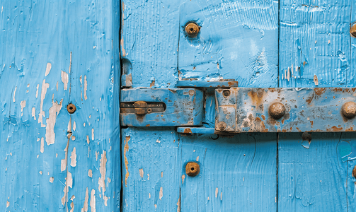 蓝色木板背景摄影照片_蓝色漆木门上的封闭金属闩锁