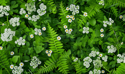 草和西洋蓍草花中亮绿色的蕨叶