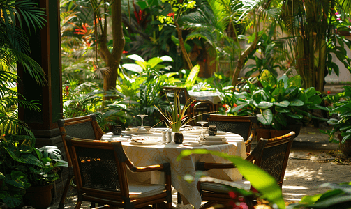餐饮设计摄影照片_餐桌布置在郁郁葱葱的花园中