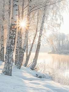早晨有雾的冬季河边桦树水平框架之间阳光照耀