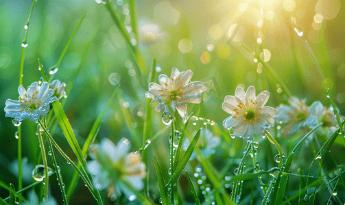 阳光柔和暖光下晨露上的草花