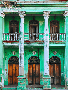 修复后的旧多层建筑古色古香的柱子漆成绿色