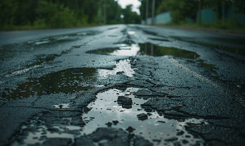 夏季白天雨后崎岖不平的道路沥青受损有多个水坑
