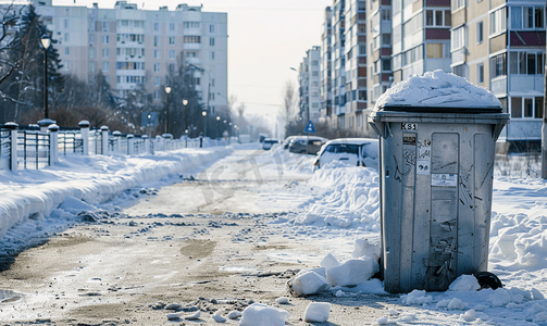 冬天银色垃圾箱矗立在住宅楼附近