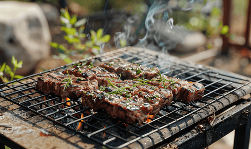 野餐时吃肉夏季户外烹饪厨房里的热炉排