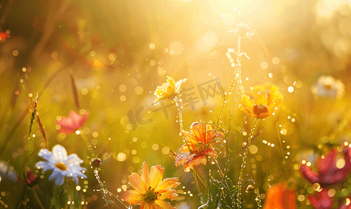 花好月正圆摄影照片_阳光柔和暖光下晨露上的草花