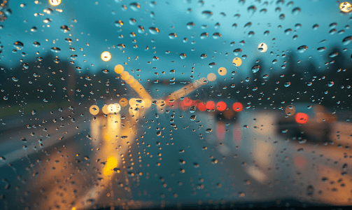 模糊窗户背景摄影照片_雨天窗户雨滴在高速公路背景玻璃上安全回家