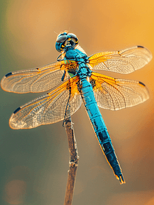 棕色背景中的一只蓝色蜻蜓