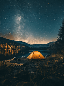 夜晚星空下的小湖有短铁轨夏天可以露营