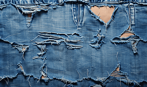 撕破的蓝色牛仔裤的特写照片撕破的牛仔蓝布背景