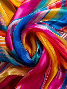 编织钩针摄影照片_用丝织物条缝制的打结围巾