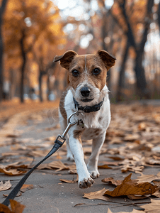 秋季动物摄影照片_秋季干燥天气棕白短毛杂种狗在公园散步