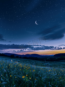 星空草地摄影照片_草地上美丽的夜晚有新月和星星
