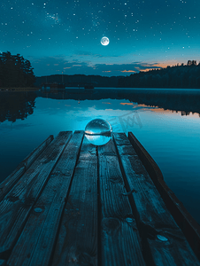 小星球摄影照片_夜间瑞典湖木码头上的玻璃球星月