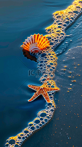 夏天的沙滩背景图片_夏日海岸海滩波浪海螺贝壳海景背景