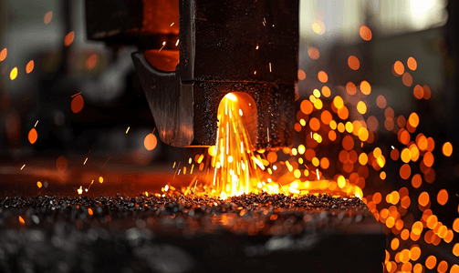 工厂旧工作蒸汽锤锻造带火花的热钢工件