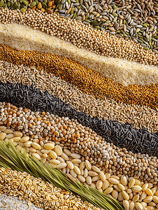 大量不同的谷物和可食用种子谷物角图案与顶视图