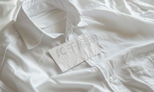 数据标签摄影照片_棉质衬衫上的白色空白洗衣护理服装标签