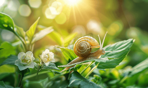 绿色植物上可爱的蜗牛宏观柔焦
