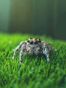 特写：一只大眼睛的可爱小跳蛛坐在人造草地上