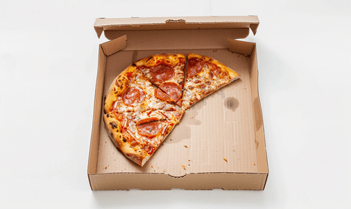 空吃打开的披萨盒孤立在白色背景