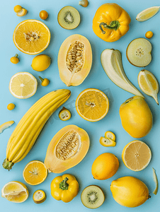 浅蓝色背景中的鲜黄色水果和蔬菜的集合