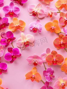 兰花花平躺花卉背景由多彩多姿的蝴蝶兰制成