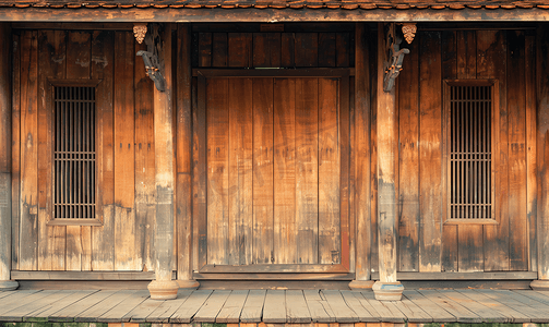 泰国复古传统建筑前的经典背景木墙和门