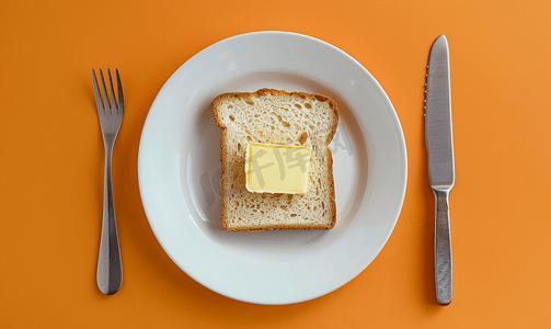 盘子上的刀和面包黄油的顶视图