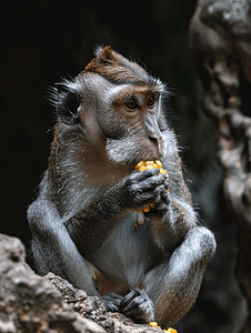 深色背景下成年灰猴侧脸坐在洞穴中吃玉米