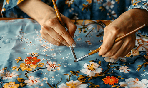 彩绘花卉摄影照片_画家在丝绸上绘制带有花卉图案的蜡染