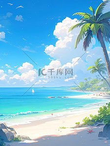 海边沙滩椰子树蓝天白云背景图