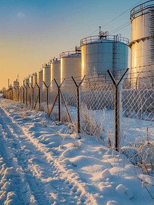 冬季油库的天然气储罐位于顶部有铁丝网的围栏后面