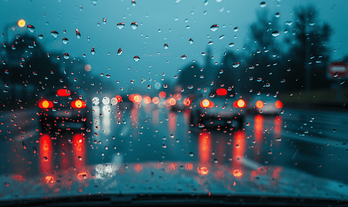 雨天窗户雨滴在高速公路背景玻璃上安全回家