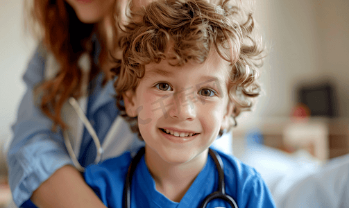 小小孩摄影照片_带听诊器的小男孩和医生