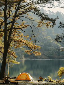 公鸡地图摄影照片_湖边森林露营地的旅游圆顶帐篷露营