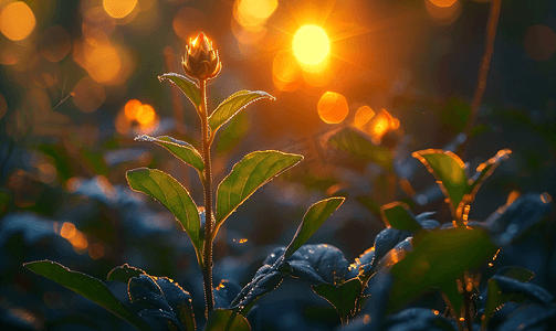 森林日落灯光下植物上阿纳加利斯芽的照片