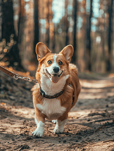 一只红毛柯基犬在散步