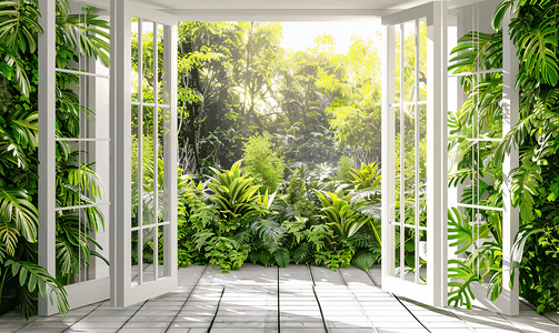 从打开的窗户看到绿色花园