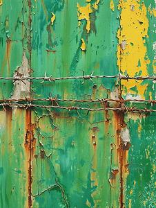 扁平生锈的金属栅栏上面有剥落的绿色油漆和铁丝网