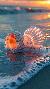 带贝壳的珍珠背景图片_夏日海岸海滩波浪海螺贝壳海景背景2