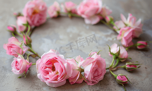 混凝土上粉红色玫瑰花蕾的圆形框架