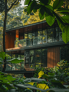 森林里有一座现代设计的房子有彩色玻璃窗