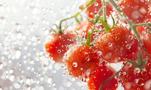新鲜樱桃番茄上覆盖着水滴的美丽微距照片