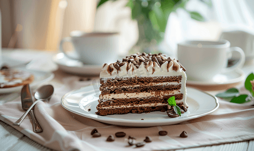 生日请柬内页摄影照片_美丽的住宅内供应早餐包括巧克力蛋糕和咖啡