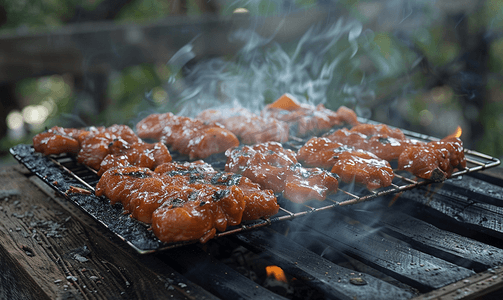 野餐时吃肉夏季户外烹饪厨房里的热炉排