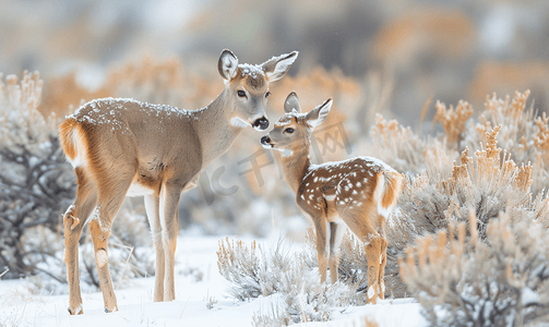 母鹿与她的小鹿在雪地和山艾树丛中