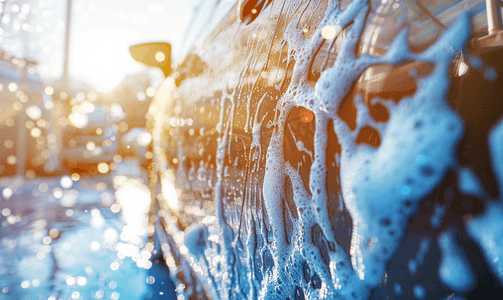 洗车场汽车的特写视图上面覆盖着肥皂水